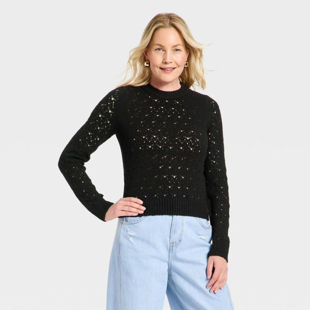 Women's Lace Crewneck Pullover Sweater - Universal Thread Black M
